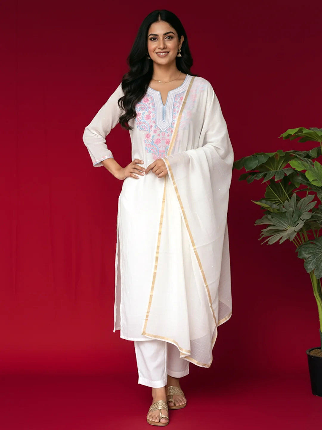 White Mul Chanderi Chikankari Straight Kurta With Dupatta