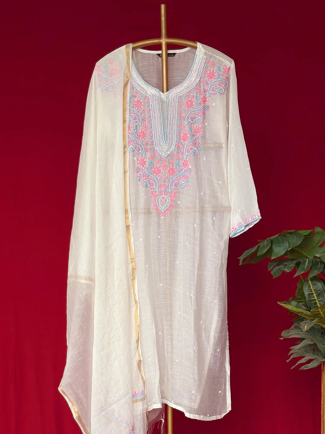 White Mul Chanderi Chikankari Straight Kurta With Dupatta