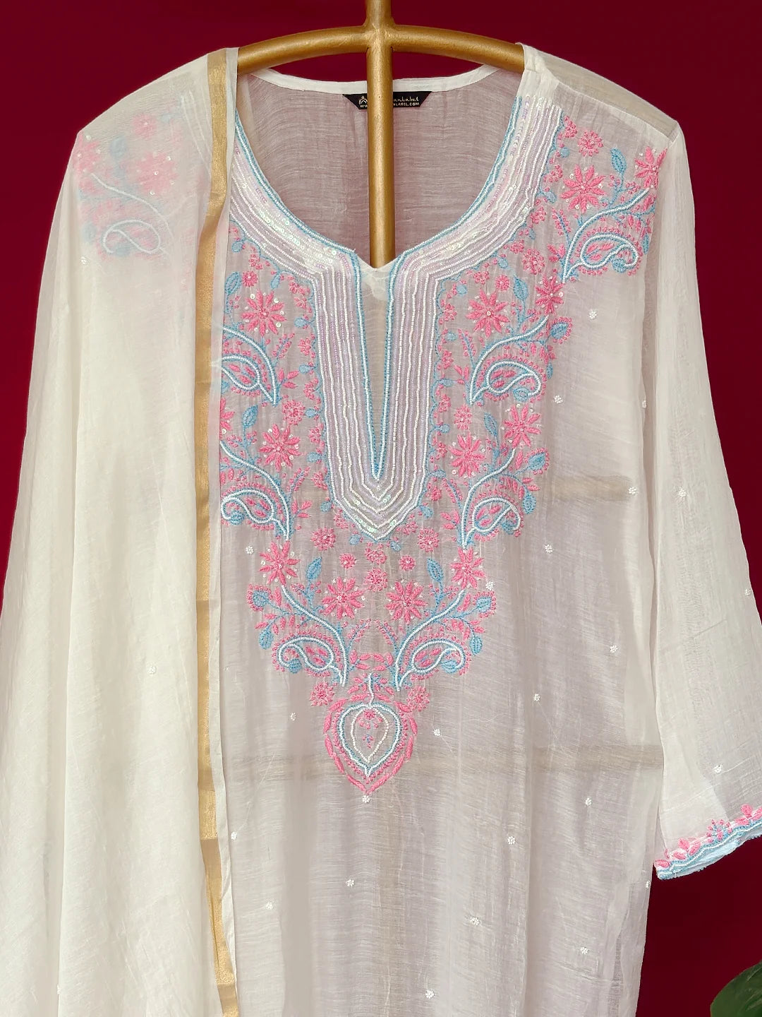 White Mul Chanderi Chikankari Straight Kurta With Dupatta