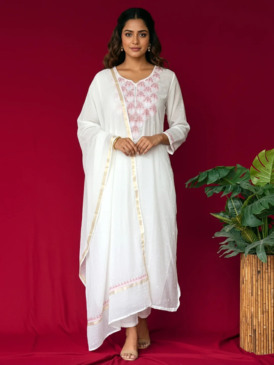 White Mul Chanderi Chikankari Straight Kurta With Dupatta