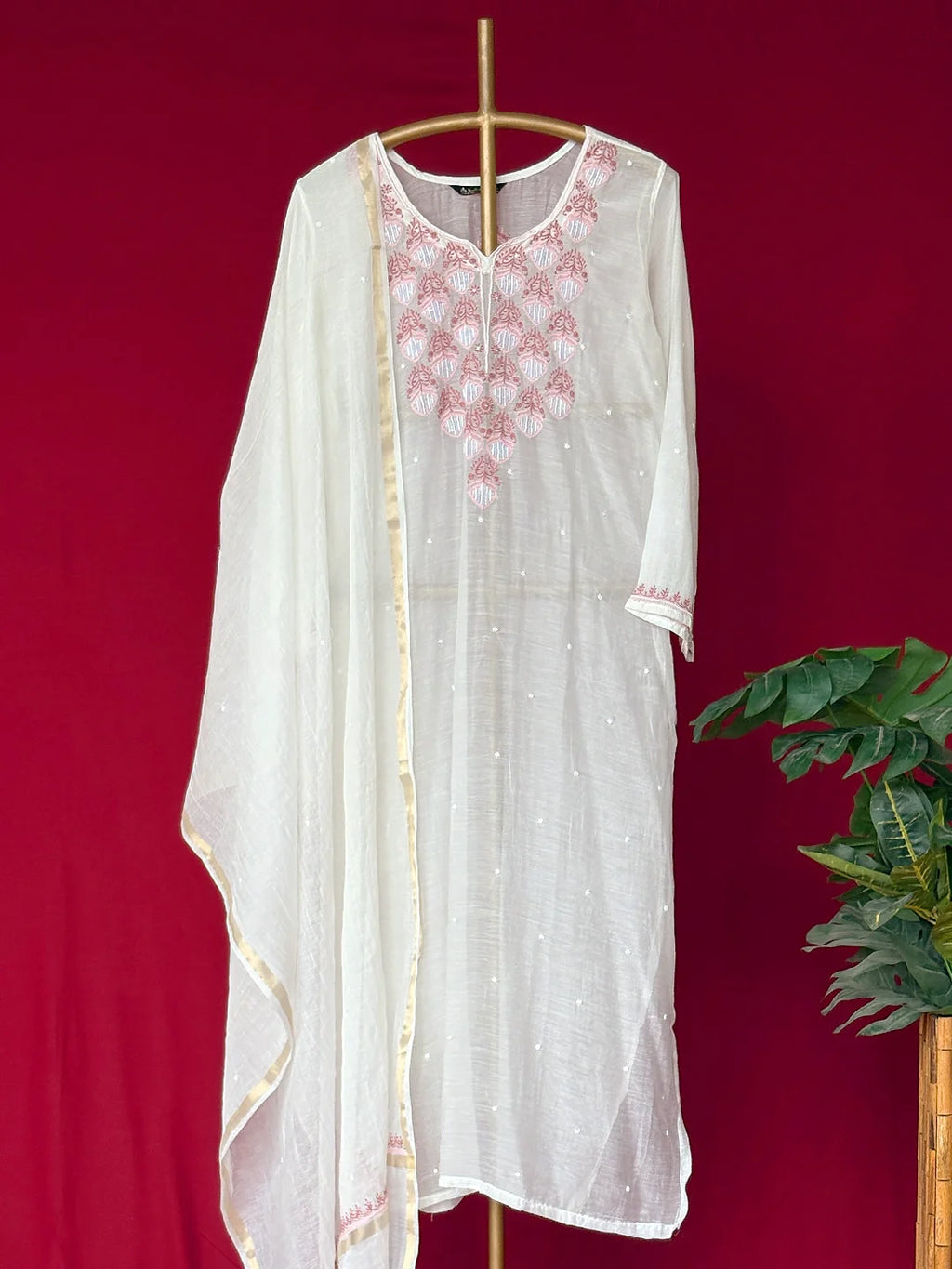 White Mul Chanderi Chikankari Straight Kurta With Dupatta