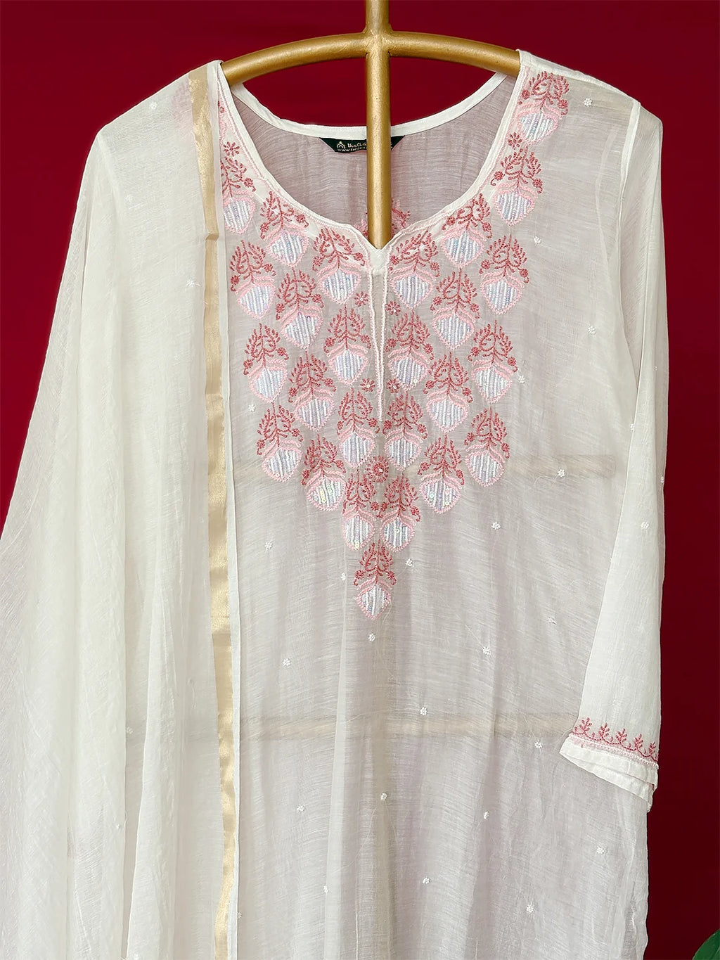 White Mul Chanderi Chikankari Straight Kurta With Dupatta