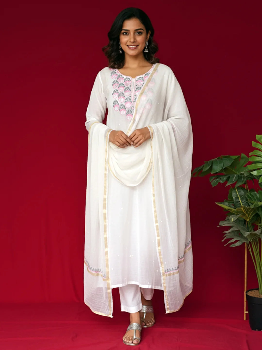 White Mul Chanderi Chikankari Straight Kurta With Dupatta