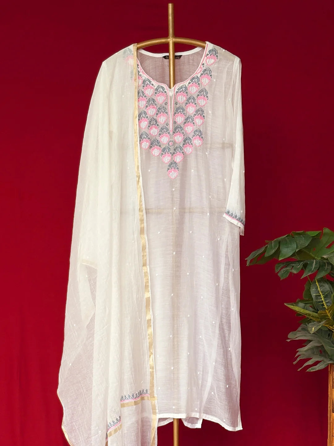 White Mul Chanderi Chikankari Straight Kurta With Dupatta