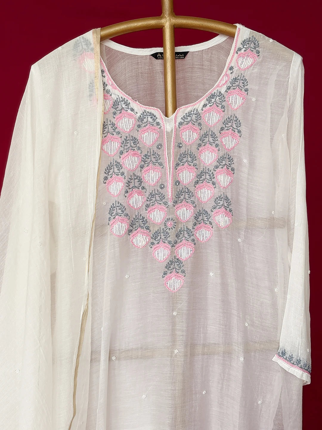 White Mul Chanderi Chikankari Straight Kurta With Dupatta
