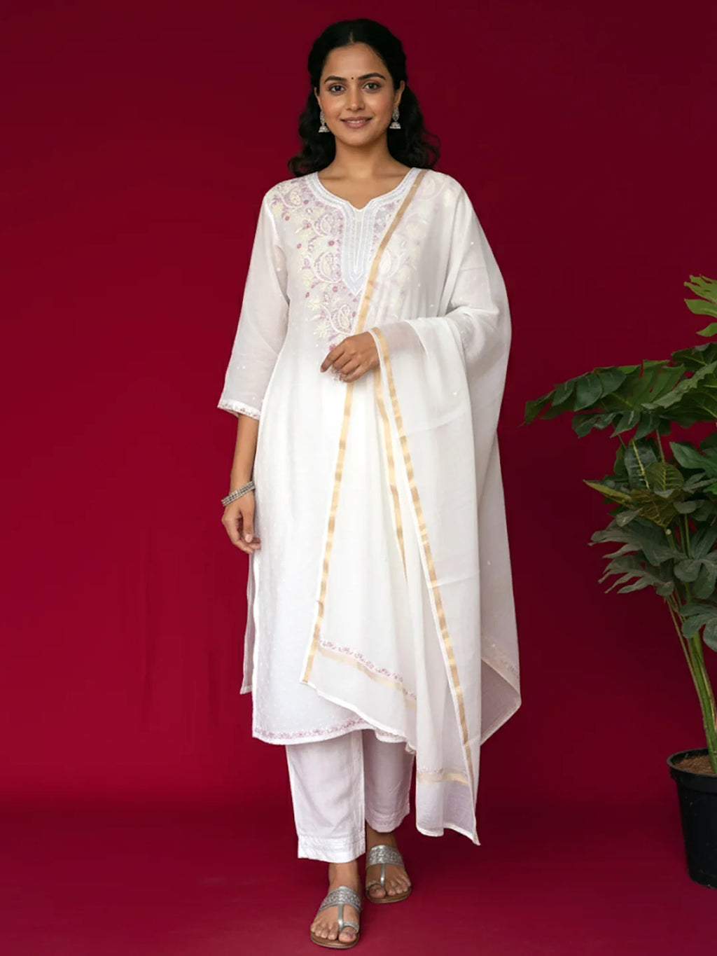 White Mul Chanderi Chikankari Straight Kurta With Dupatta