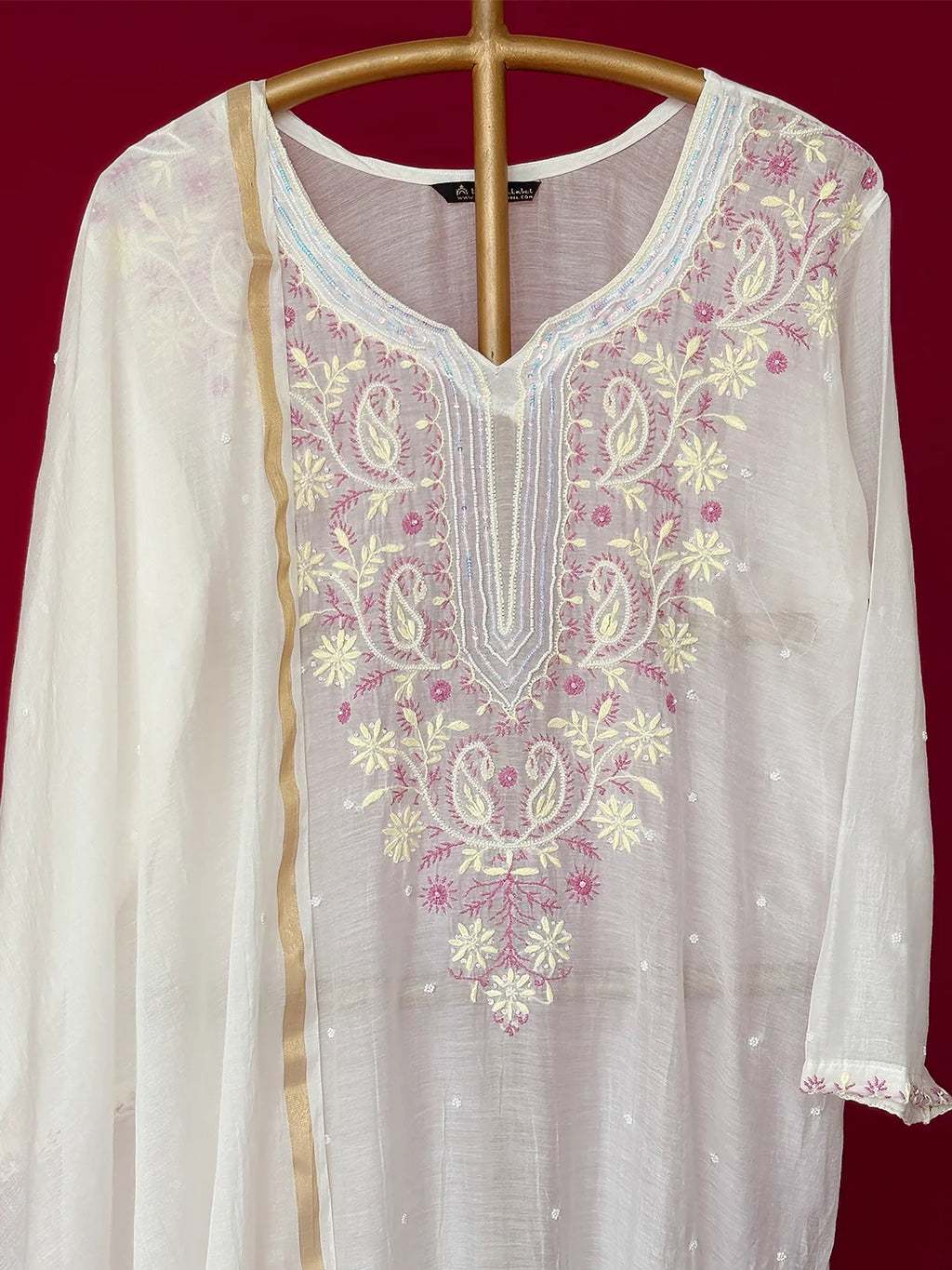 White Mul Chanderi Chikankari Straight Kurta With Dupatta