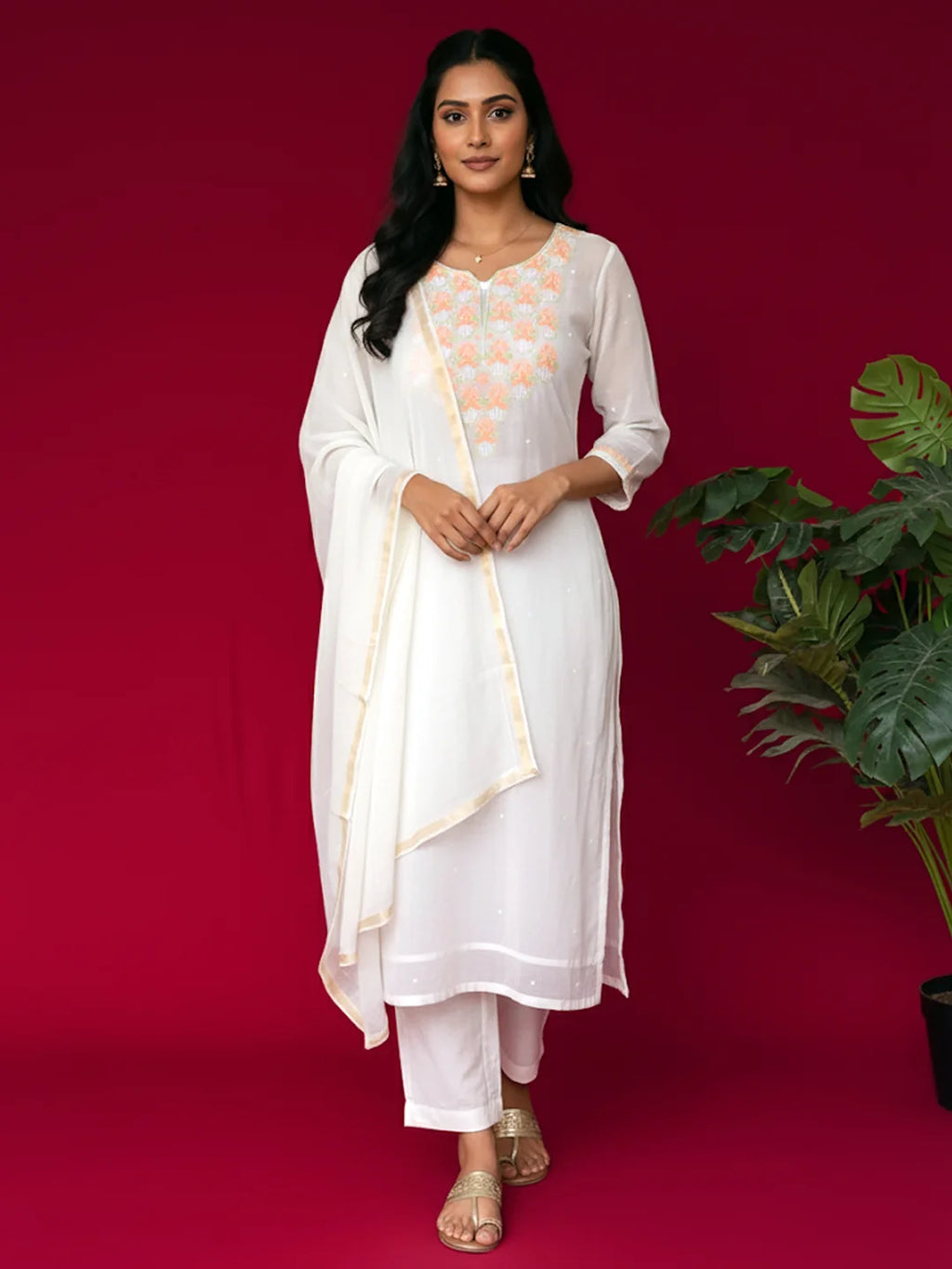 White Mul Chanderi Chikankari Straight Kurta With Dupatta