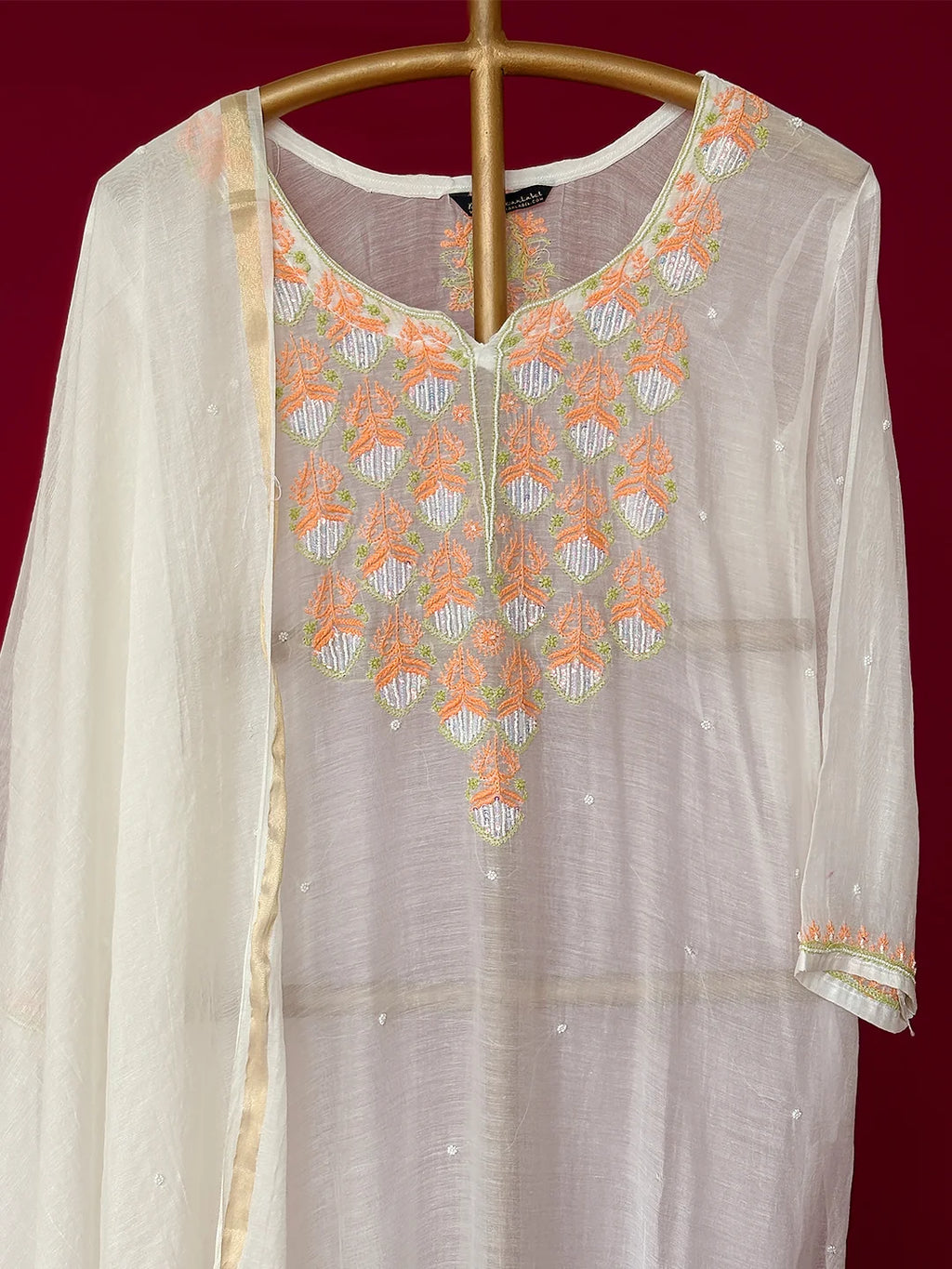 White Mul Chanderi Chikankari Straight Kurta With Dupatta
