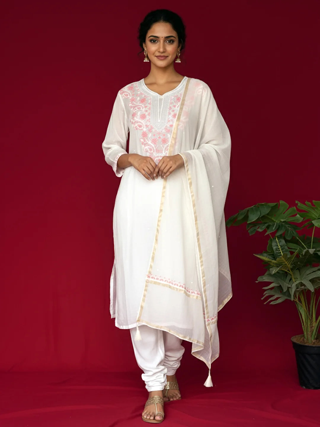 White Mul Chanderi Chikankari Straight Kurta With Dupatta