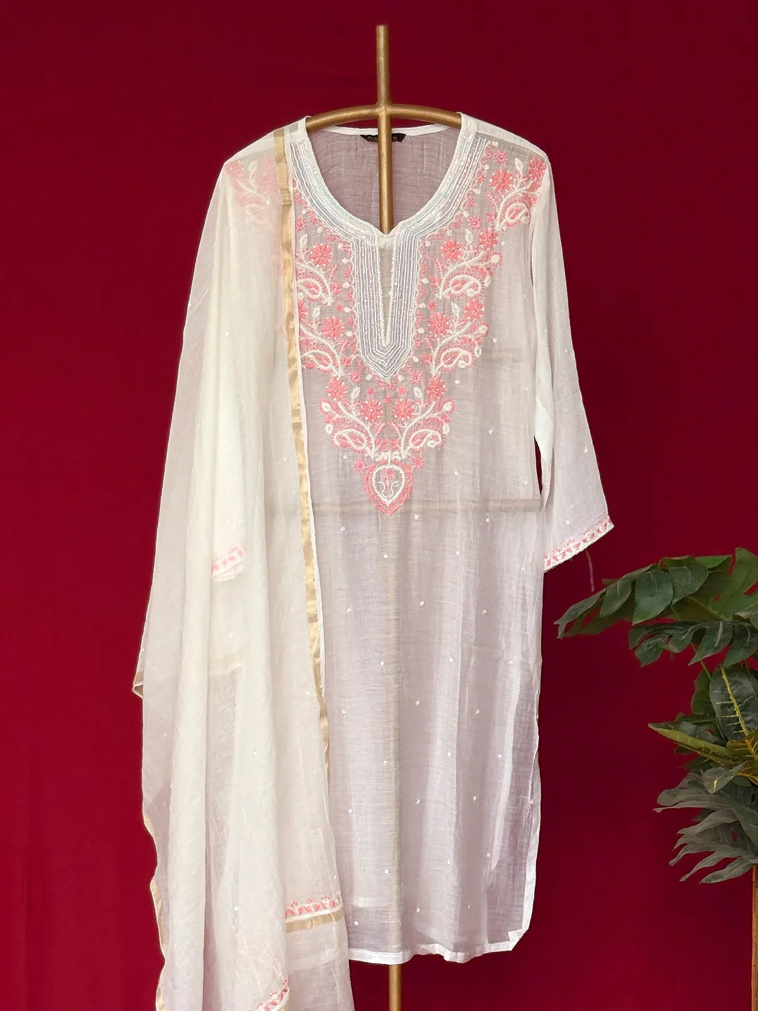 White Mul Chanderi Chikankari Straight Kurta With Dupatta