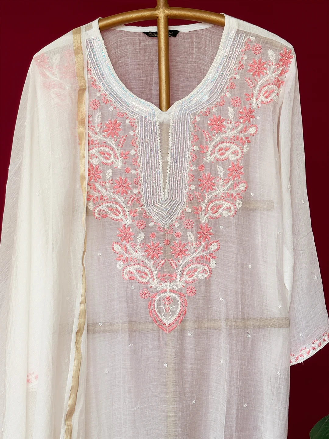 White Mul Chanderi Chikankari Straight Kurta With Dupatta