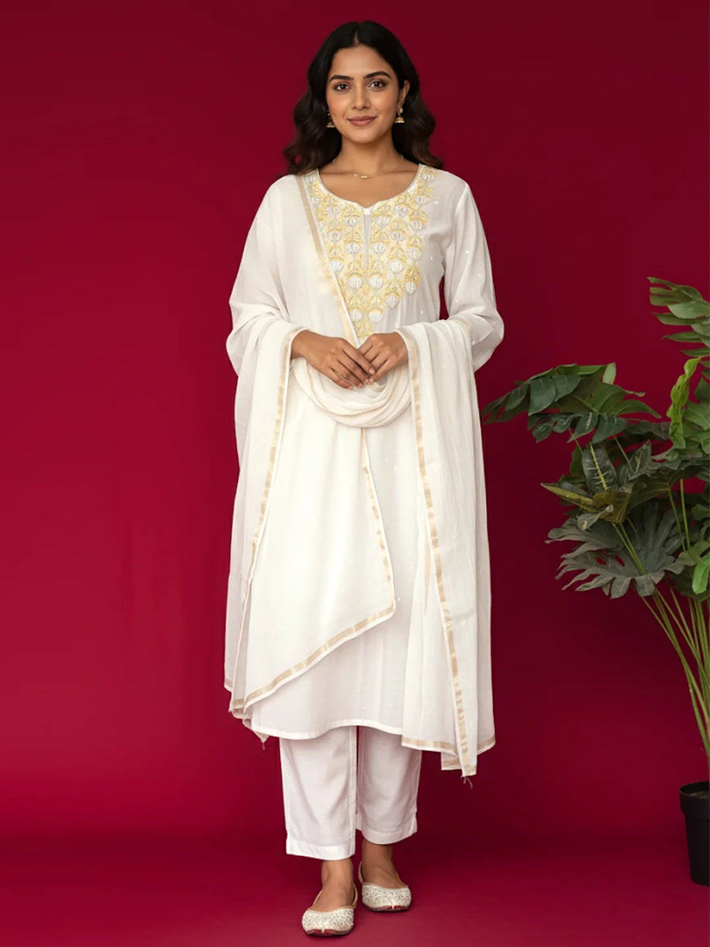 White Mul Chanderi Chikankari Straight Kurta With Dupatta