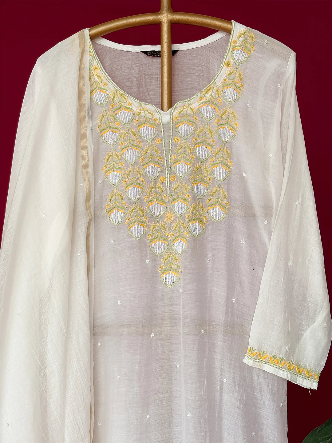 White Mul Chanderi Chikankari Straight Kurta With Dupatta