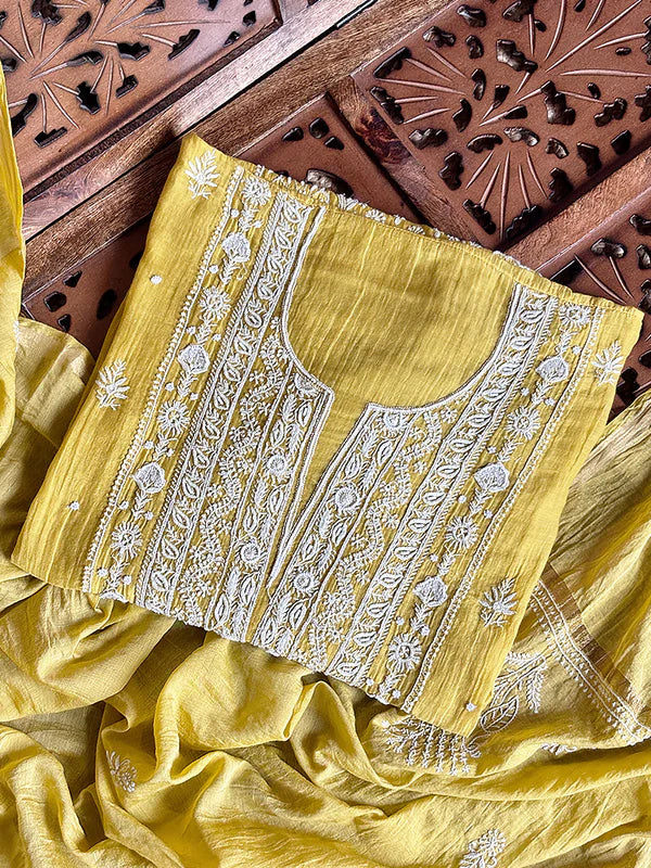 Safia Mul Chanderi Chikankari Kurti Piece with Dupatta - Yellow