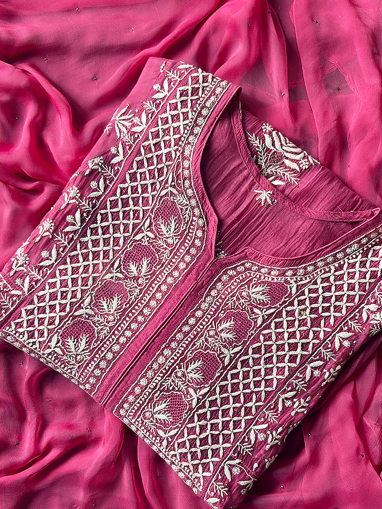 Reya Mul Chanderi Chikankari Kurti Piece with Dupatta - Pink
