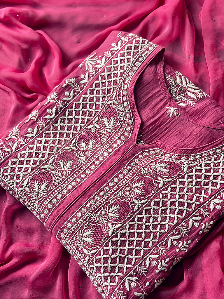 Reya Mul Chanderi Chikankari Kurti Piece with Dupatta - Pink