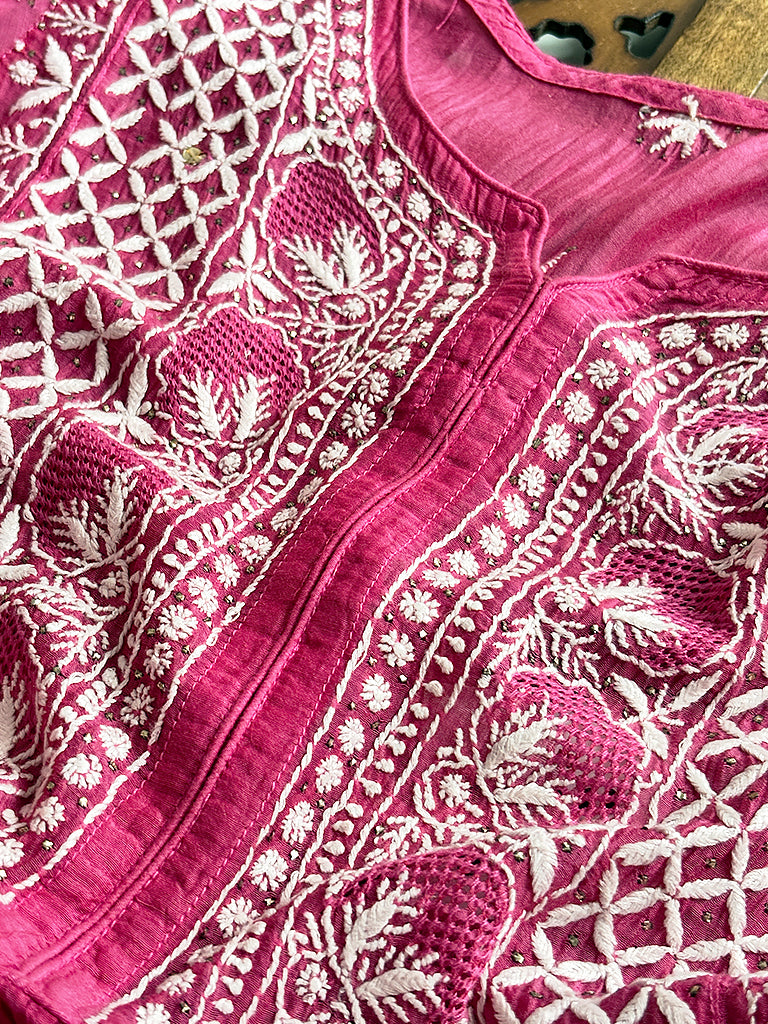 Reya Mul Chanderi Chikankari Kurti Piece with Dupatta - Pink
