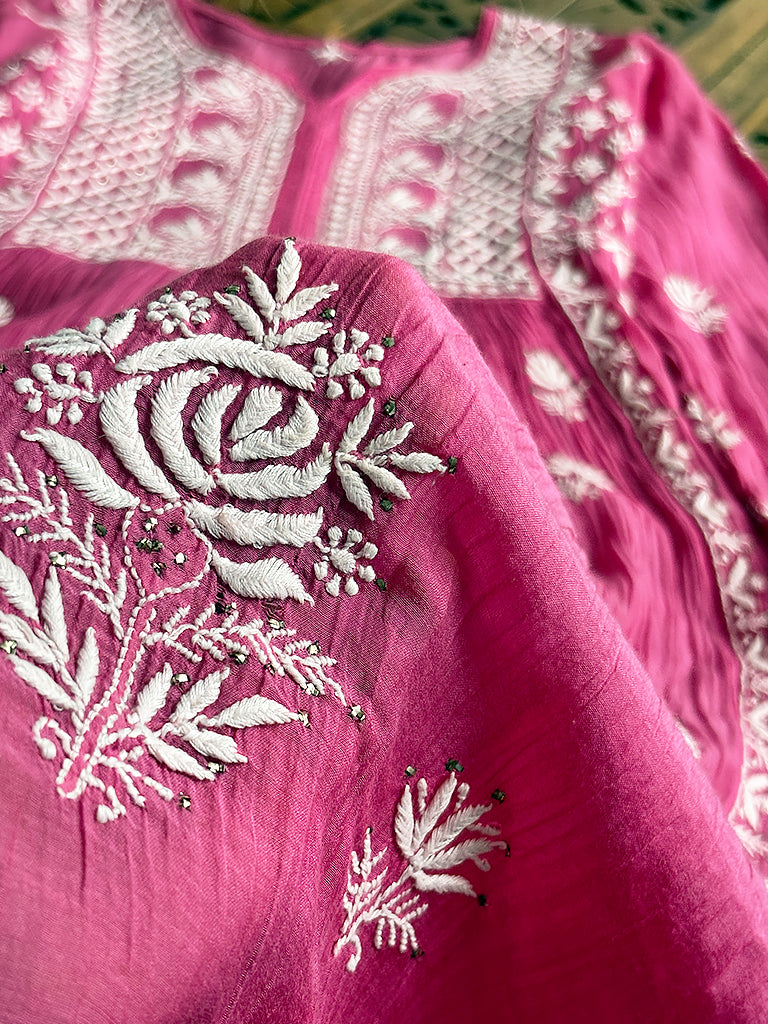 Reya Mul Chanderi Chikankari Kurti Piece with Dupatta - Pink