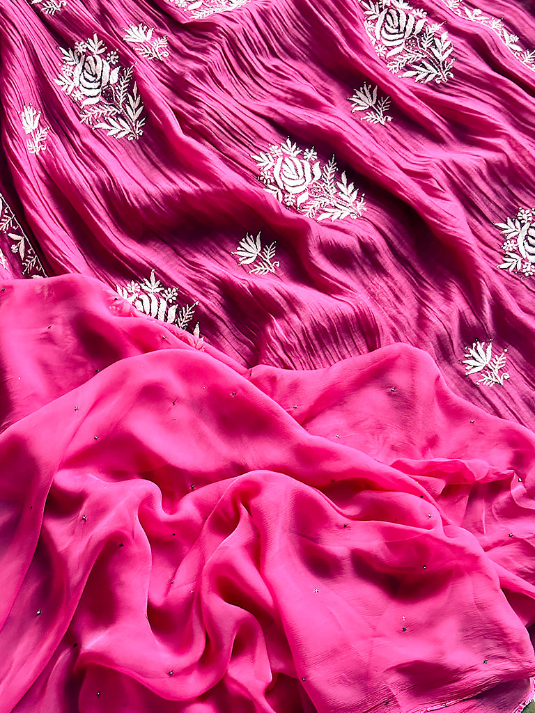 Reya Mul Chanderi Chikankari Kurti Piece with Dupatta - Pink