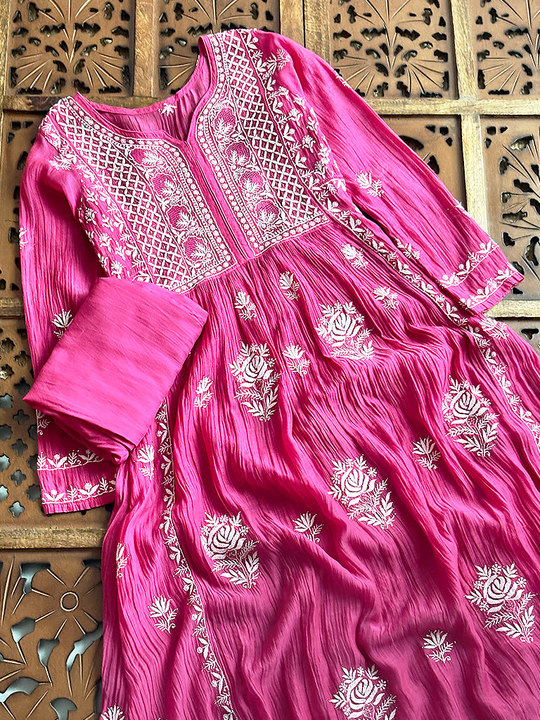 Reya Mul Chanderi Chikankari Kurti Piece with Dupatta - Pink