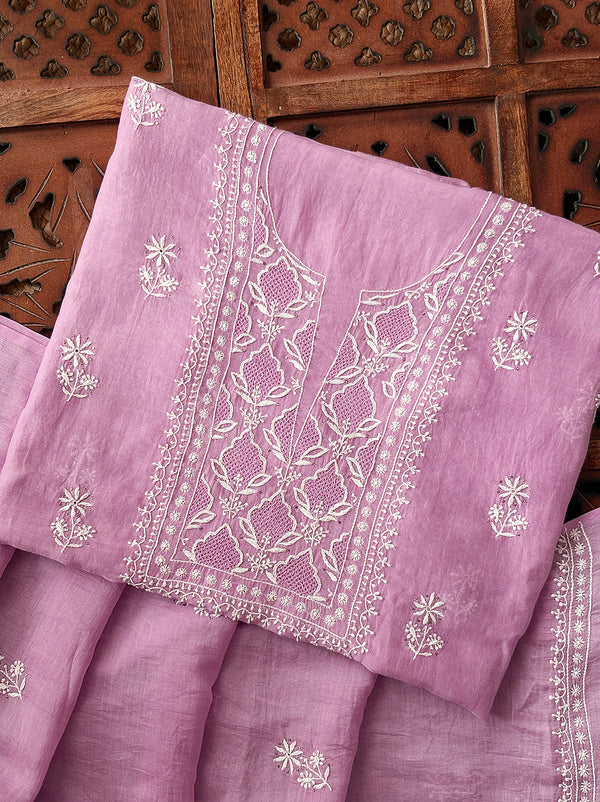 Parisha Mul Chanderi Chikankari Kurti Piece with Dupatta - Pink