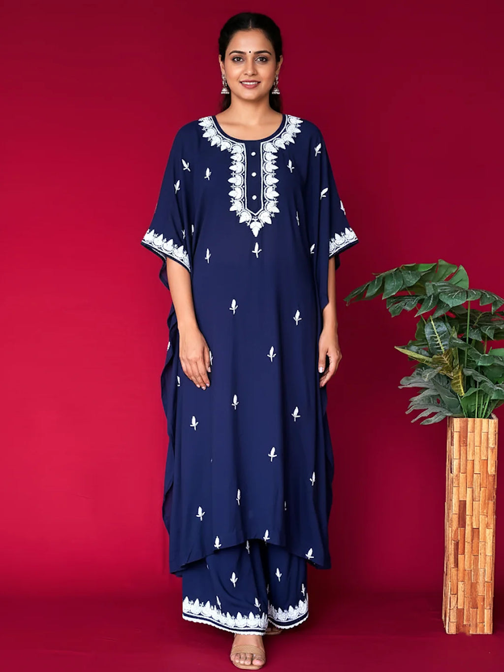 Navy Blue Adda Modal Chikankari Kaftan Kurta Set