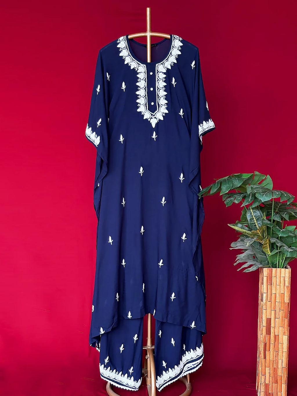 Navy Blue Adda Modal Chikankari Kaftan Kurta Set