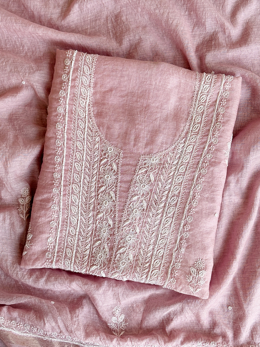 Niti Mul Chanderi Unstitched Kurti Piece with Dupatta - Baby Pink