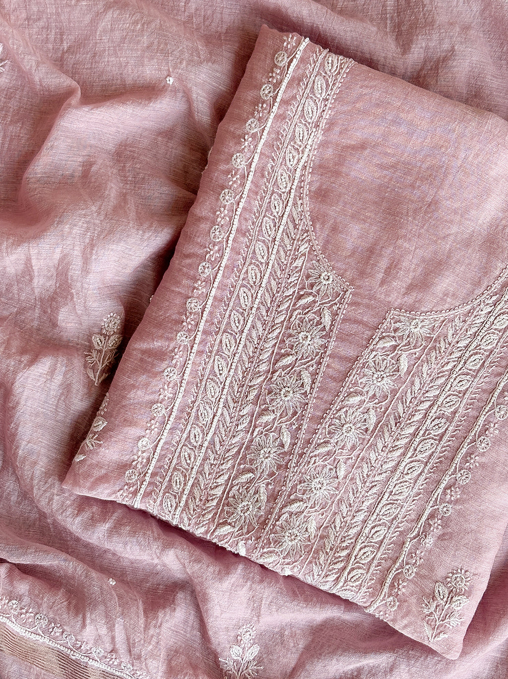 Niti Mul Chanderi Unstitched Kurti Piece with Dupatta - Baby Pink