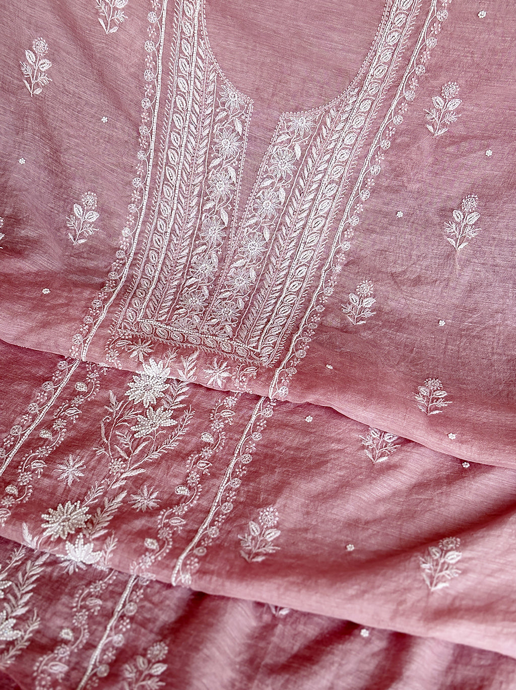 Niti Mul Chanderi Unstitched Kurti Piece with Dupatta - Baby Pink
