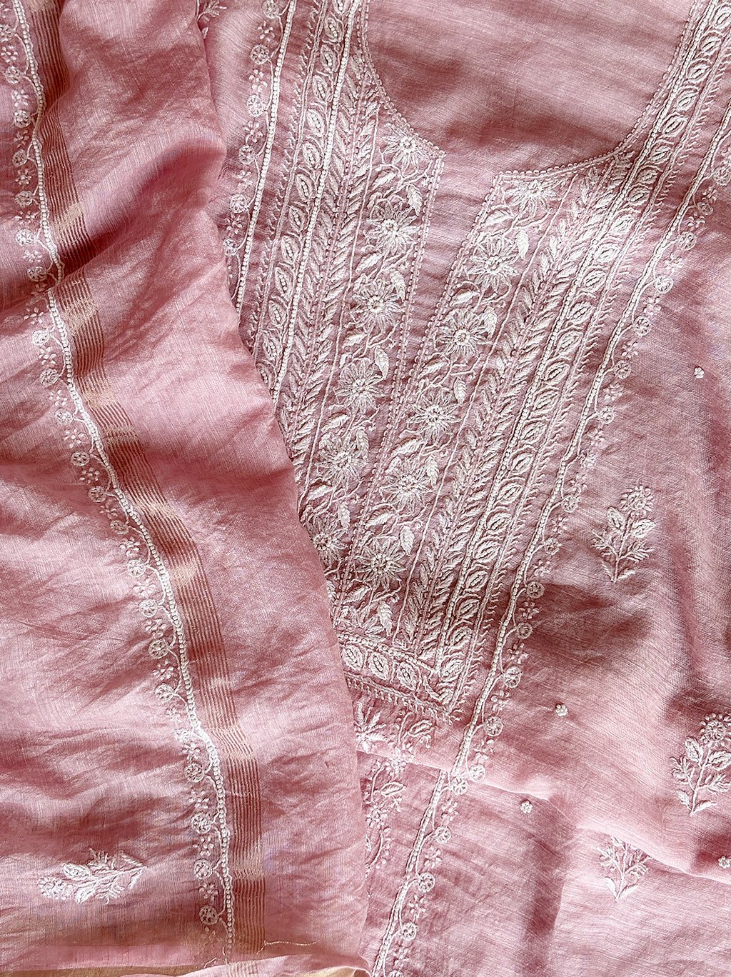 Niti Mul Chanderi Unstitched Kurti Piece with Dupatta - Baby Pink