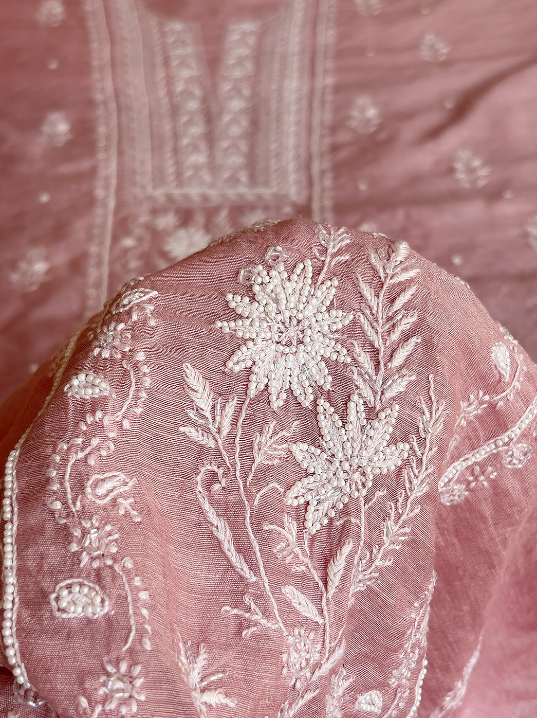 Niti Mul Chanderi Unstitched Kurti Piece with Dupatta - Baby Pink