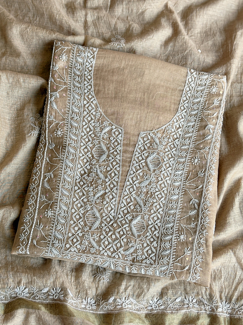 Niti Mul Chanderi Unstitched Kurti Piece with Dupatta - Beige
