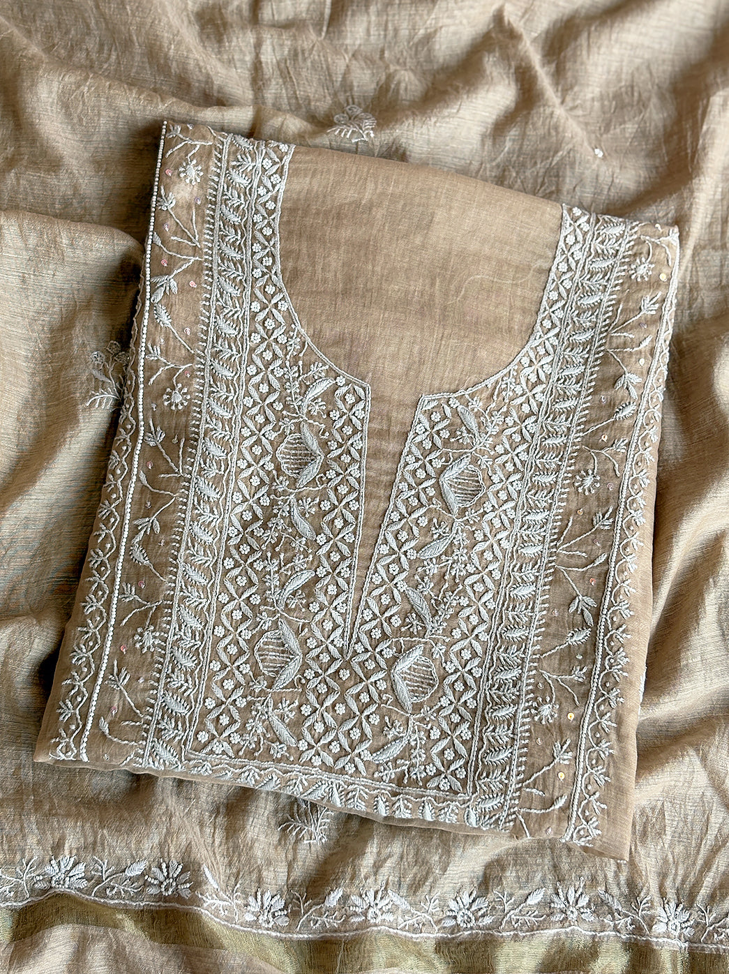 Niti Mul Chanderi Unstitched Kurti Piece with Dupatta - Beige
