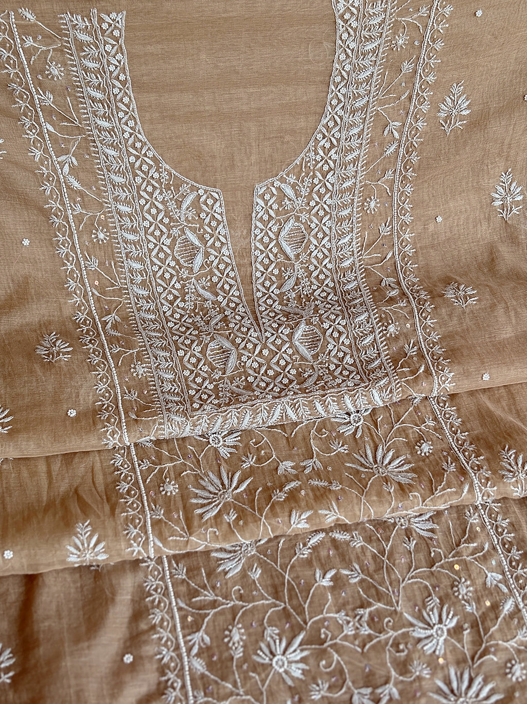 Niti Mul Chanderi Unstitched Kurti Piece with Dupatta - Beige
