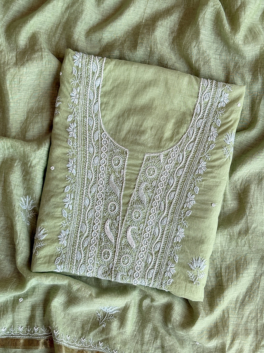 Niti Mul Chanderi Unstitched Kurti Piece with Dupatta - Pista Green