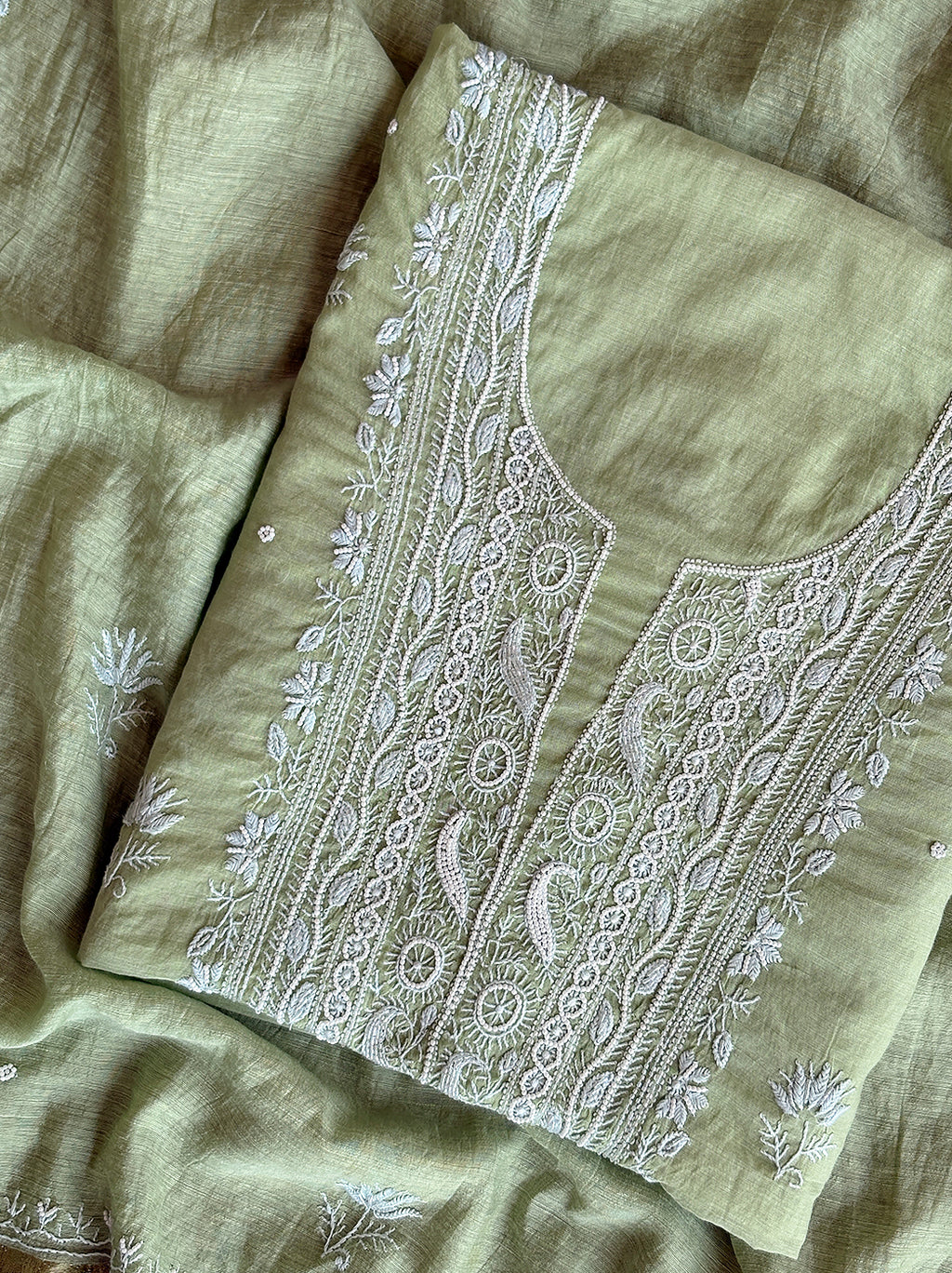Niti Mul Chanderi Unstitched Kurti Piece with Dupatta - Pista Green