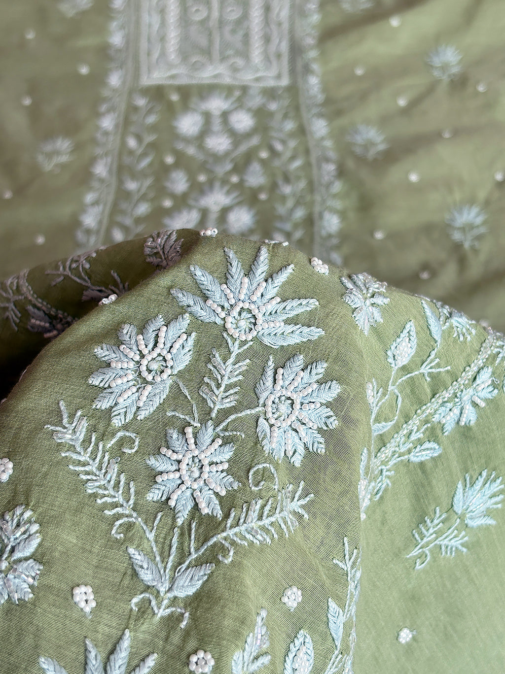 Niti Mul Chanderi Unstitched Kurti Piece with Dupatta - Pista Green