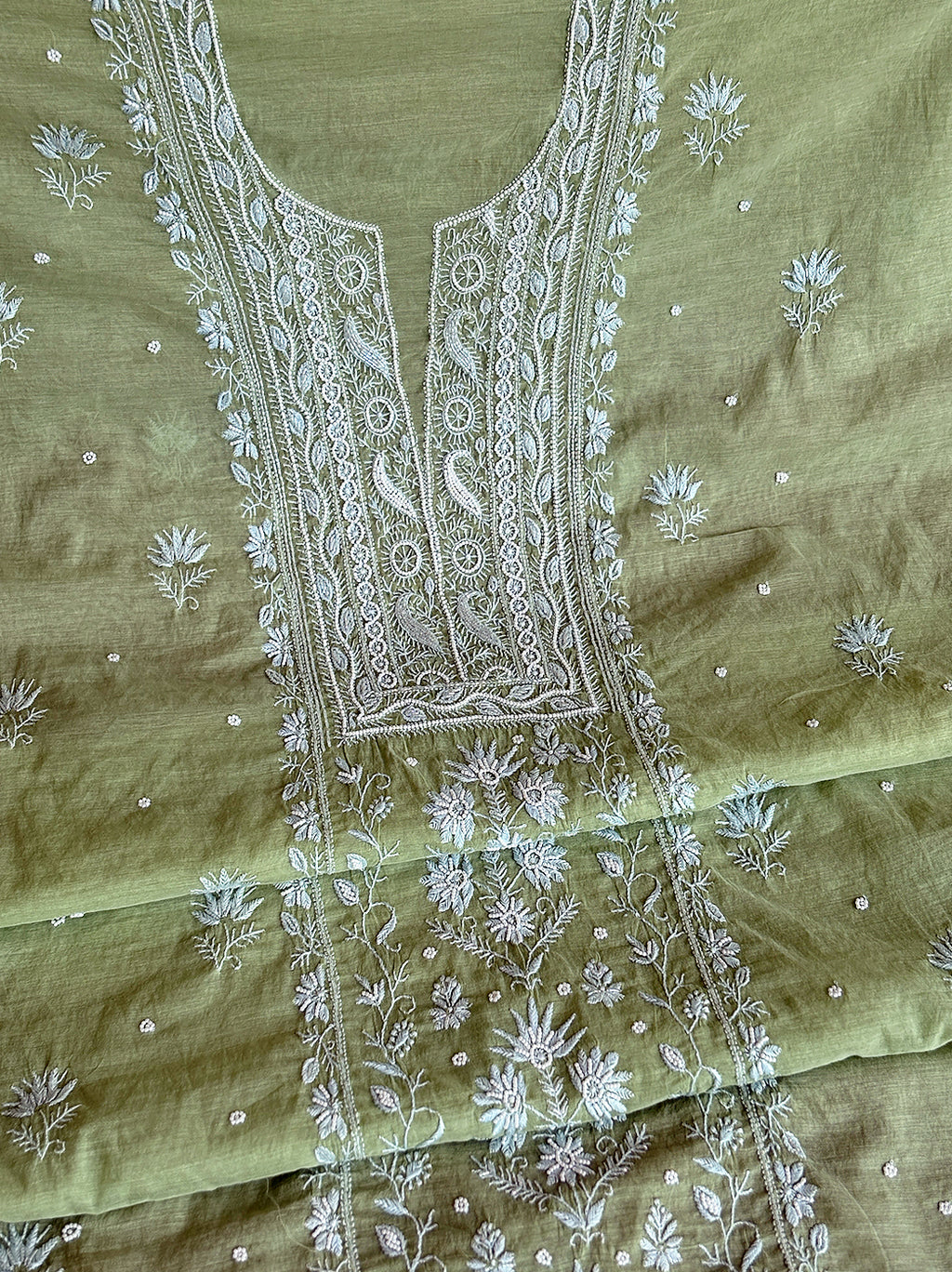 Niti Mul Chanderi Unstitched Kurti Piece with Dupatta - Pista Green