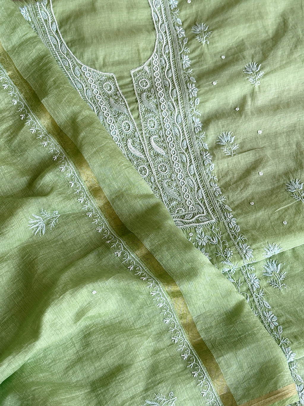 Niti Mul Chanderi Unstitched Kurti Piece with Dupatta - Pista Green