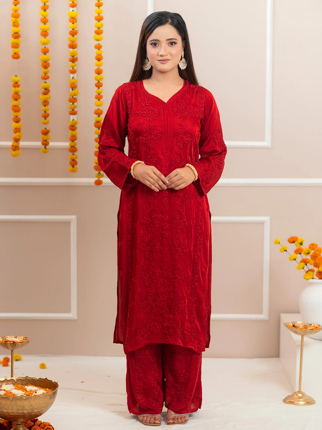 Red Noor-E-Bahaar Satin Modal Chikankari Kurta Set