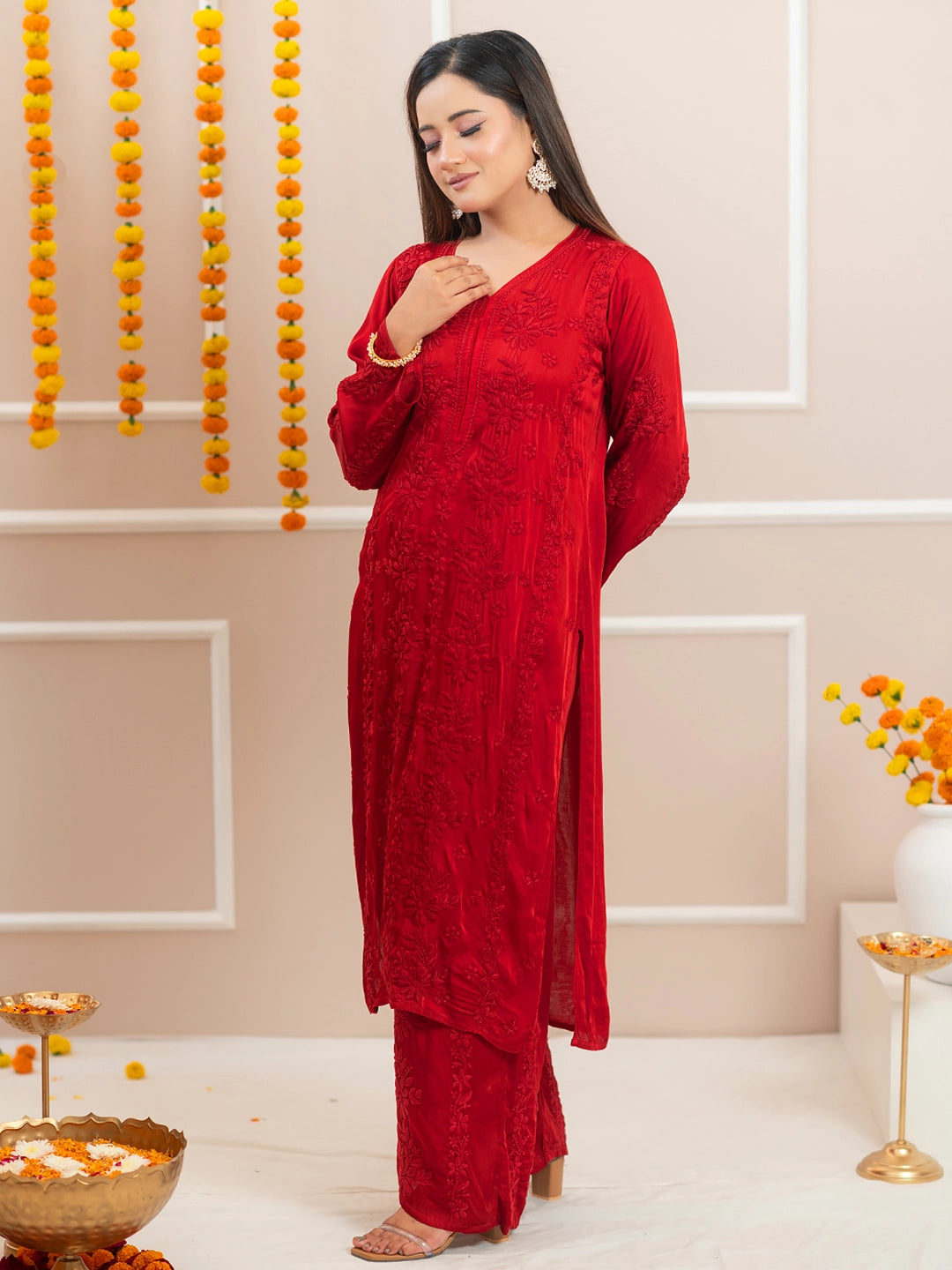 Red Noor-E-Bahaar Satin Modal Chikankari Kurta Set