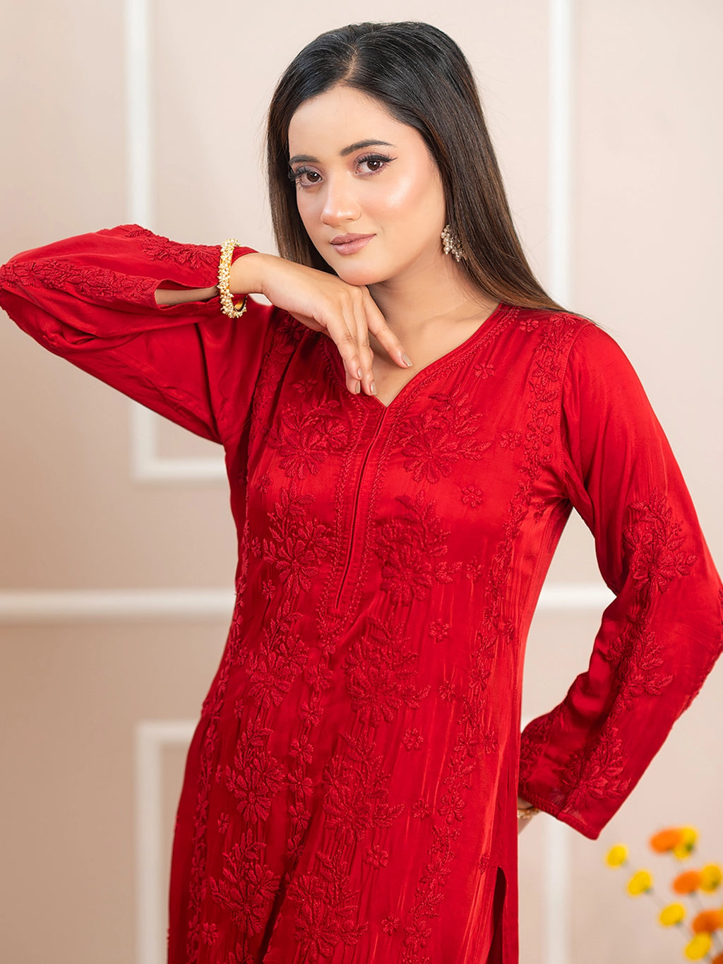 Red Noor-E-Bahaar Satin Modal Chikankari Kurta Set