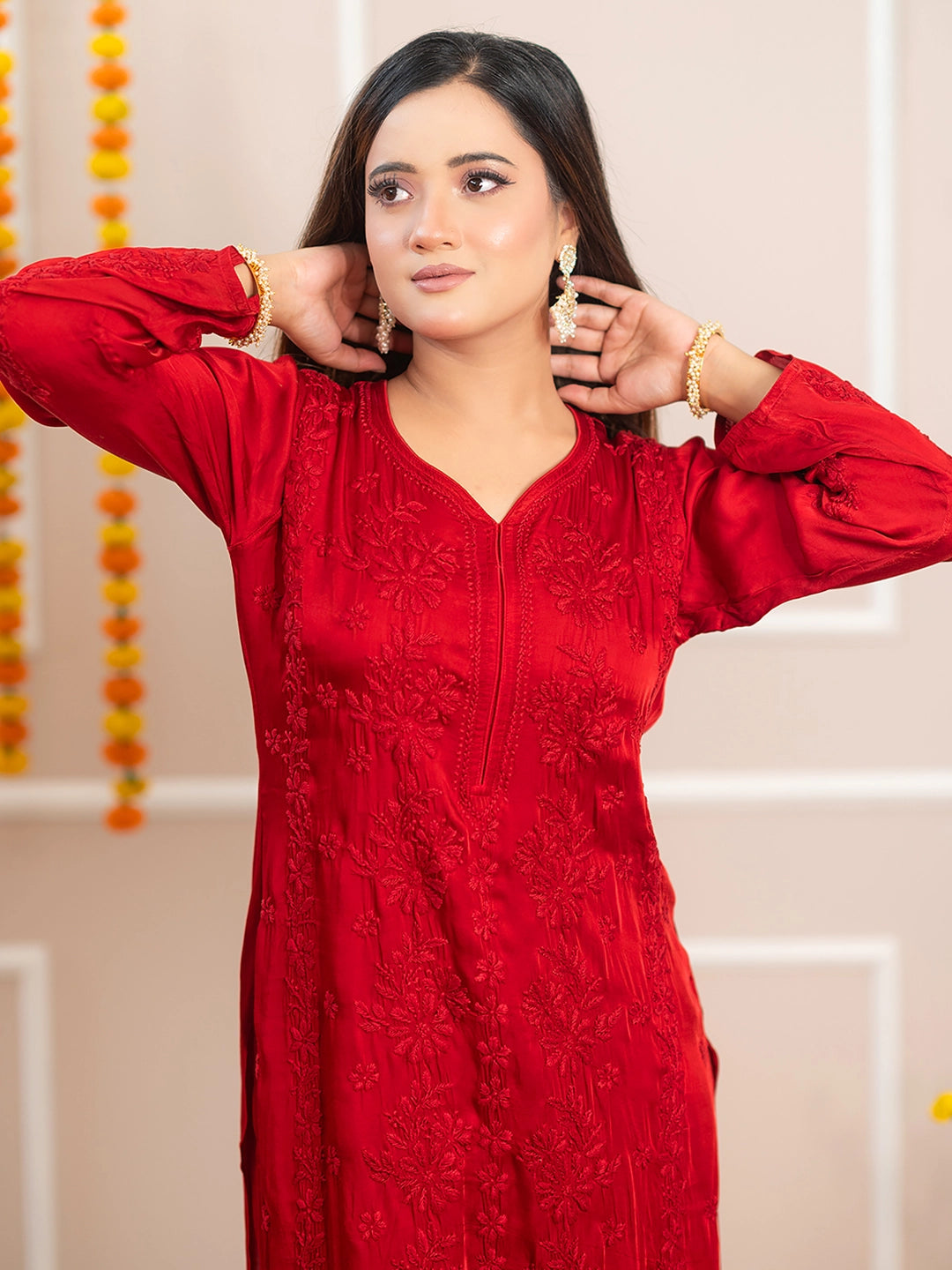 Red Noor-E-Bahaar Satin Modal Chikankari Kurta Set