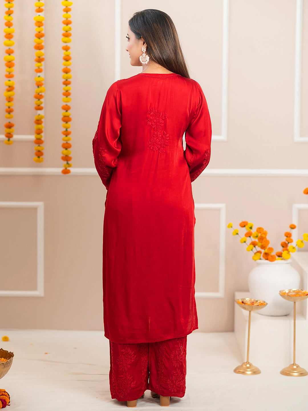 Red Noor-E-Bahaar Satin Modal Chikankari Kurta Set