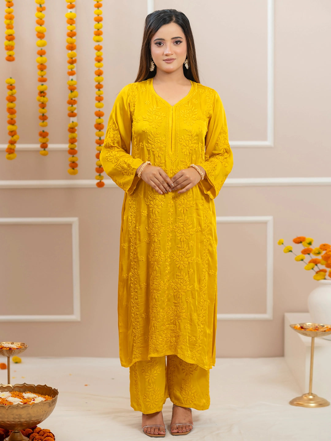 Yellow Noor-E-Bahaar Satin Modal Chikankari Kurta Set