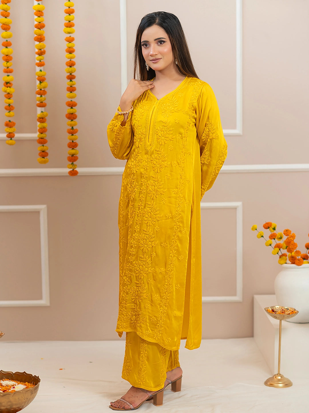 Yellow Noor-E-Bahaar Satin Modal Chikankari Kurta Set