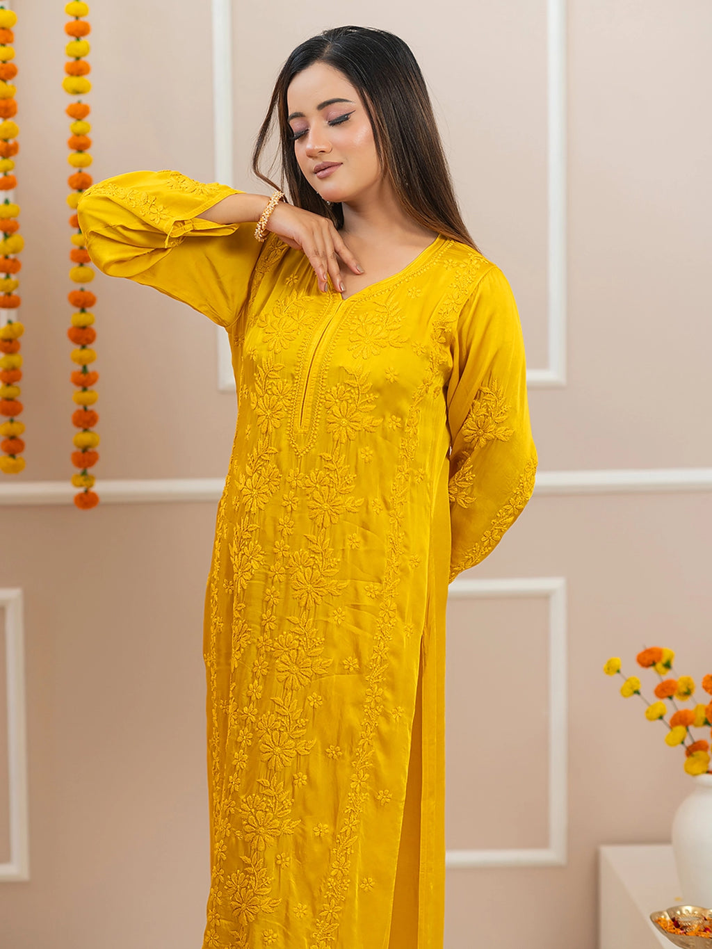 Yellow Noor-E-Bahaar Satin Modal Chikankari Kurta Set