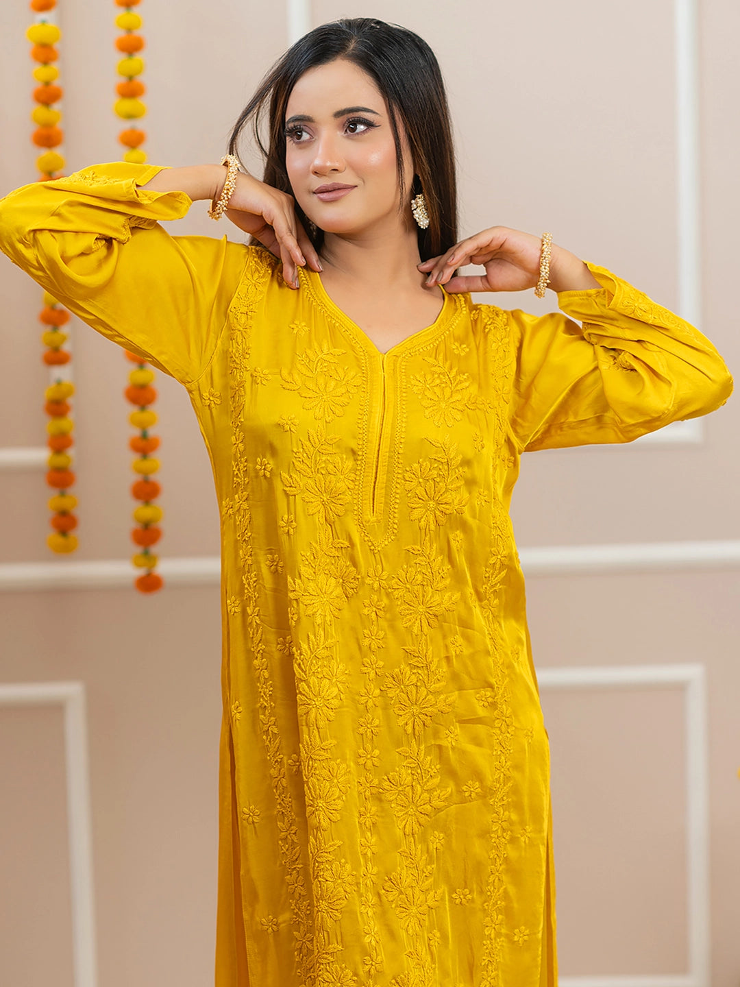 Yellow Noor-E-Bahaar Satin Modal Chikankari Kurta Set